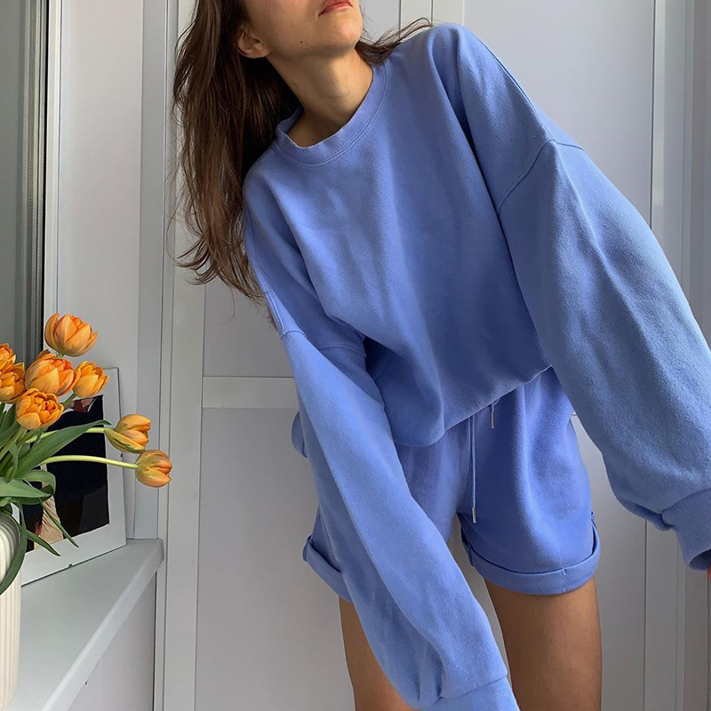 2020 Womens Tracksuits 2 Piece Set Autumn Oversize Sweatshirt Sporting Shorts Sweat Set Two Piece Outfit Solid Color Sets T200826