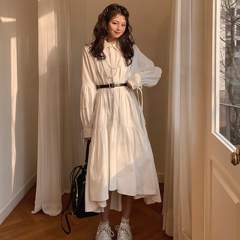 Women Dress Long Sleeve Spring Autumn Vintage Collar Lapel Button Up Ruched Ruffles Loose White Dress Female Clothes 200928