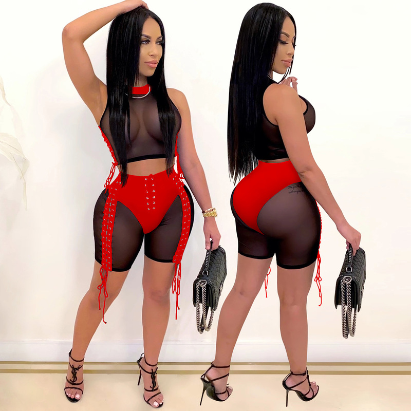 Sheer Mesh Sexy Two Piece Set Women Clothing Sets Summer Crop Top Biker Shorts Festival Bodycon 2 Piece Club Outfits for Women17236005