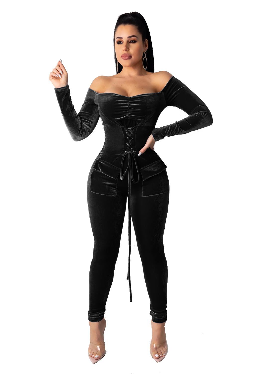 Elegant Off Shoulder Velvet Jumpsuit Women Long Sleeve Lace Up Gromment Bodycon Jumpsuit Sexy Bandage Club Outfit Romper 2XL T200808