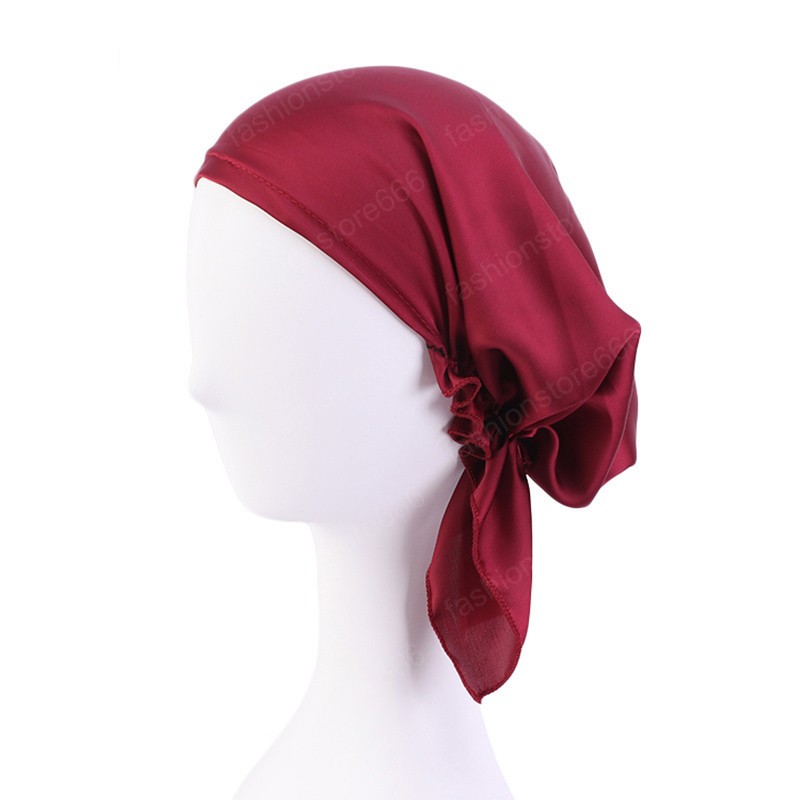 Satin Turban Muslim Women Beanie Elastic Bonnet Hair Loss Hat Head Scarf Chemo Sleeping Cap Hat Hair Care Nightcap Cover Solid
