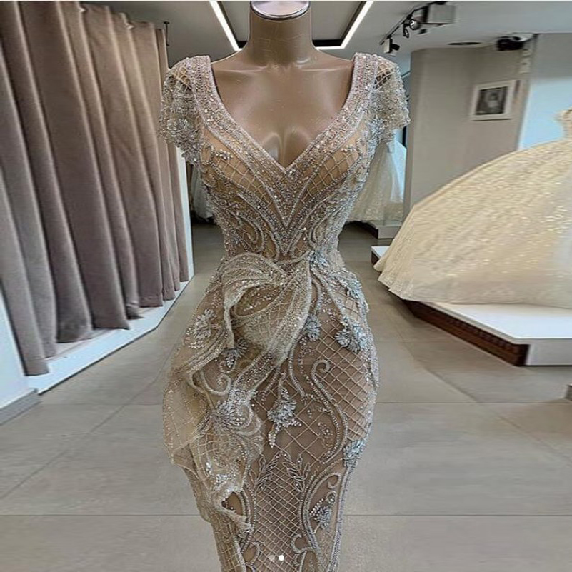 2020 Luxury Mermaid Prom Dresses V Neck Beaded Short Sleeve Appliqued Evening Gowns Sweep Train Formal Dress