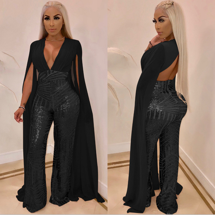 Glitter Sequins Beige Black Red A-line Women Jumpsuit Prom Dress Bling Long Sleeves Evening Dress Ankle-length Party Dress