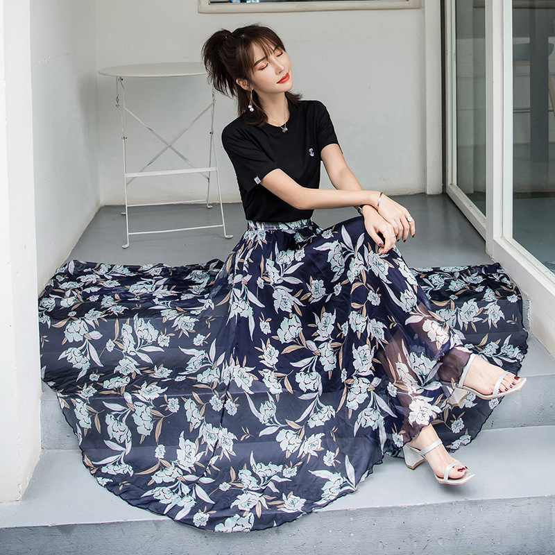 Skirts 2021 Summer Woman Chiffon Long Skirt Korean Style Elastic High Waist Floral Print Maxi Bohemian Beach Boho