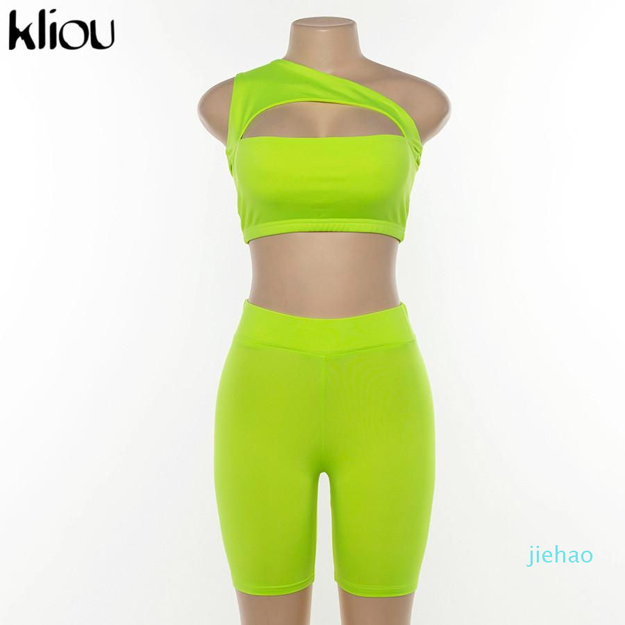 Fashion- summer women neon color two pieces set off shoulder hollow out crop top elastic high waist shorts outfit tracksuit sportsuit S M L
