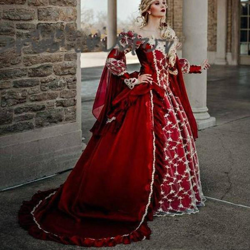 Fantasy Red Queen Gothic Wedding Dresses Halloween Medieval Country Garden Ball Gowns With Lace Long Sleeves Corset Bridal Gowns