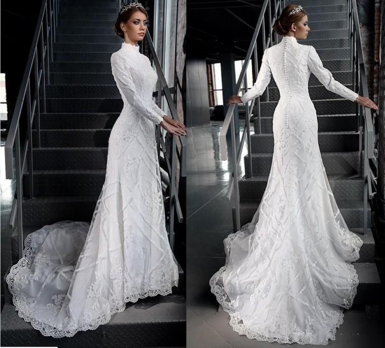 Lace Charming Muslim Mermaid Wedding Dresses High Neck Long Sleeves Beaded Bridal Gowns Sequined Sweep Train Appliqued Robe De Marie