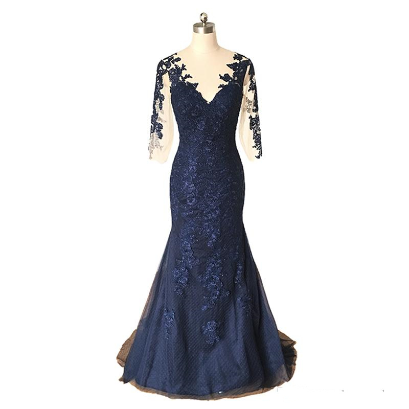 Elegant Navy Mermaid Mother of the Bride Dresses Full Length Lace Applique Women Formal Evening Gown 3/4 Long Sleeve Prom Party Dress