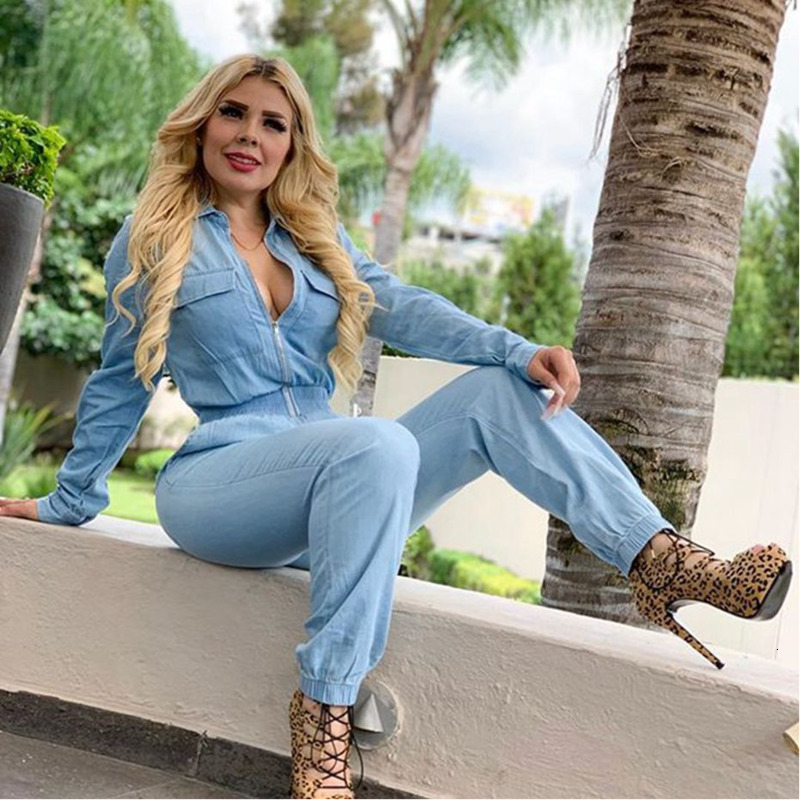 Denim Rompers Womens Zipper Fly Jumpsuit Autumn Winter One Piece Outfits Jeans Overalls Night Club Party Long Sleeve Jumpsuits T200808