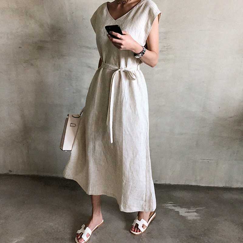 Casual Dresses CHICEVER Striped Dress Women V Neck Tank Sleeveless High Waist Lace Up Tunic Split Maxi Summer Female 2021 Clothes