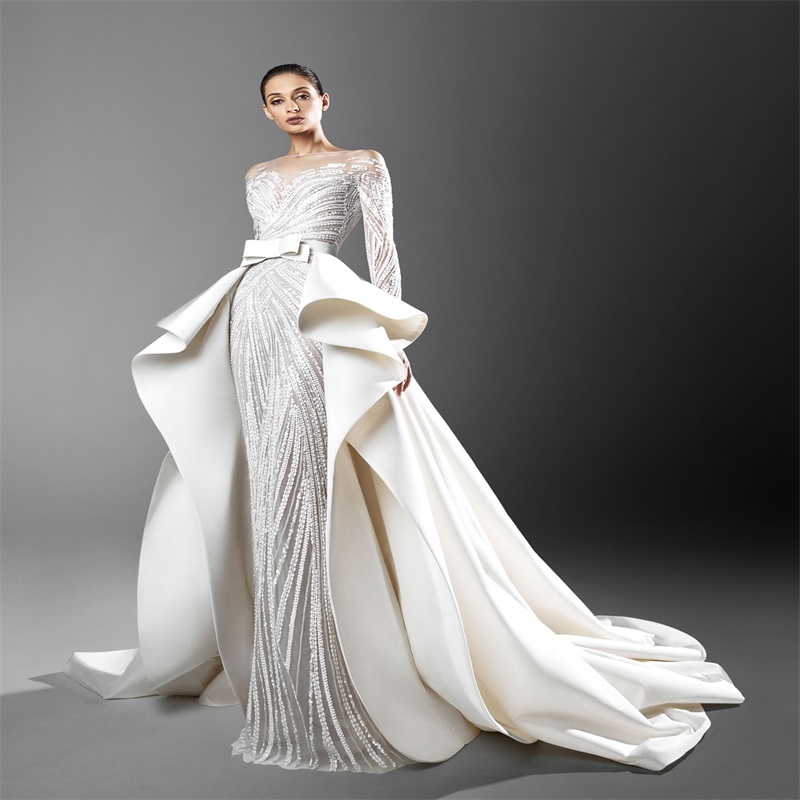 Zuhair Murad Mermaid Wedding Dresses With Detachable Train Long Sleeves Appliqued Lace Bridal Gowns Luxury Bow Satin Robes De Mariée Sirène
