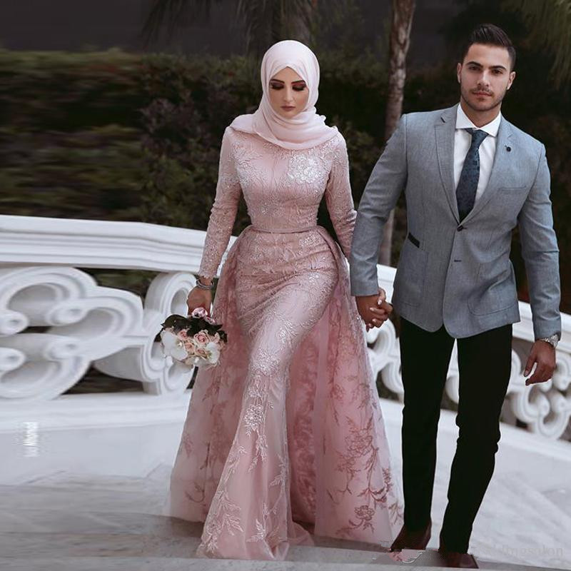 Dusty Pink Muslim Style Mermaid Wedding Dresses Hijab Saudi Arabic Detachable Train Wedding Dress Long Sleeve High Neck Lace Bridal Gowns