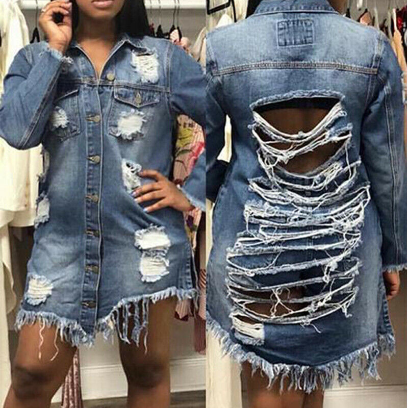 Women's Hole Patch Denim Jackets Lady Fashion Long Sleeve Ripped Distressed Den…