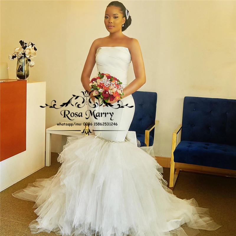 Sexy Plus Size African Mermaid Wedding Dresses 2021 Strapless Crystals Bellanaija Pleated Tulle Skirt Vestido De Novia Bridal Gowns