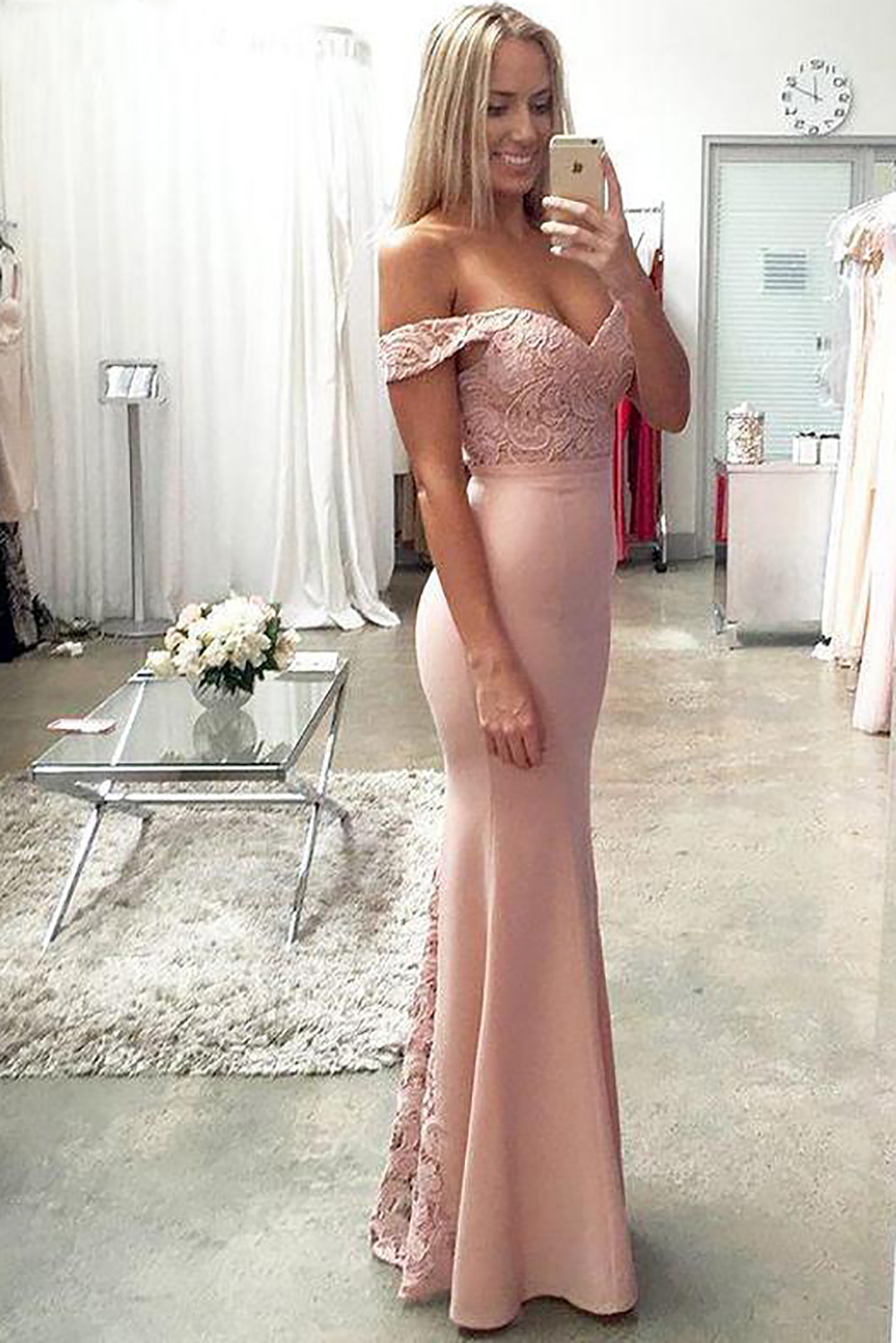 New Off Shoulder Sweetheart Blush Pink Mermaid Evening Prom Dresses Simple Long Lace Party Prom Gown vestido de fiesta