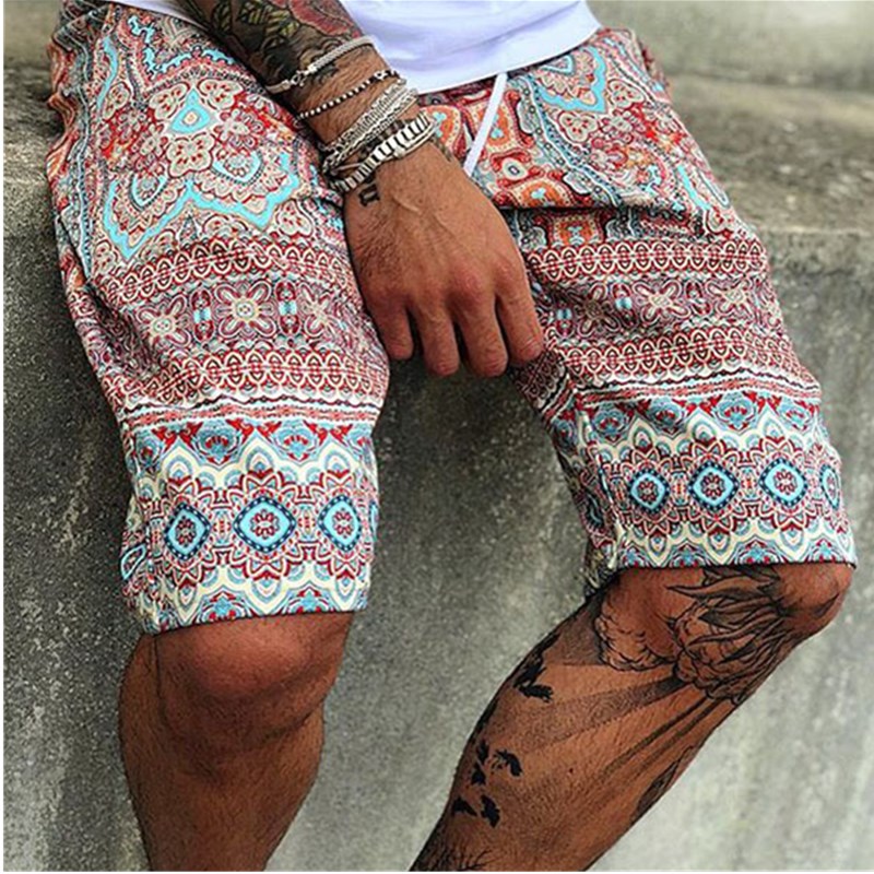 Men Casual Shorts Summer New Male Printing Mid-waist Hawaiian Beach shorts Drawstring Men's Breathable Quick Drying Short