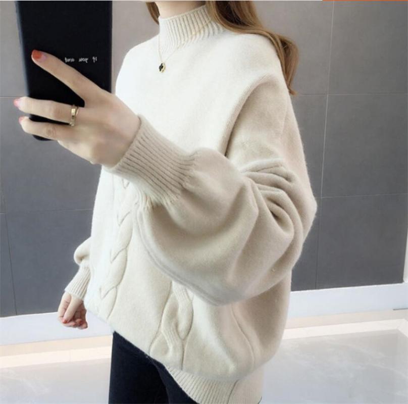 Korean Winter Women Sweater Half Turtleneck Lantern Sleeve Knit Pullover Loose Plus Size 5XL Fashion Jumper Tops 2020 Pull Z2697