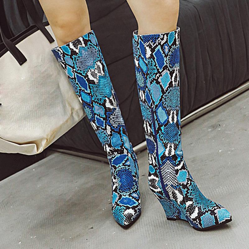 

Snake Pu Women Knee-High Boots Zip Pointed Toe Footwear Thick High Heels Female Boot Party Shoes Women 2020 New Winter 10.22, Bu