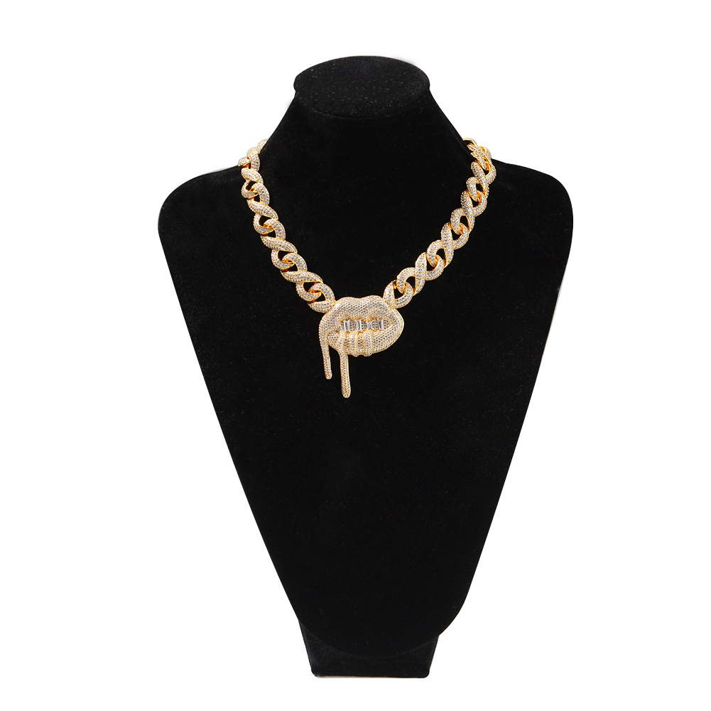 Hip Hop Mens Lip Pendant Necklace Bling Cuba Chain Shining Zircon Real Gold Plated Tennis Chain