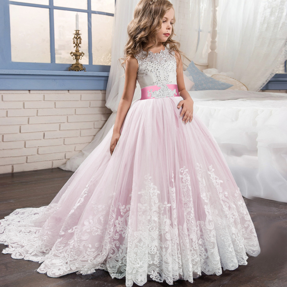 Kids Girls Party Wedding Princess Evening Gown Dresses Bithday Gift Pageant Dress Lace Appliques Back to school uniform 0508
