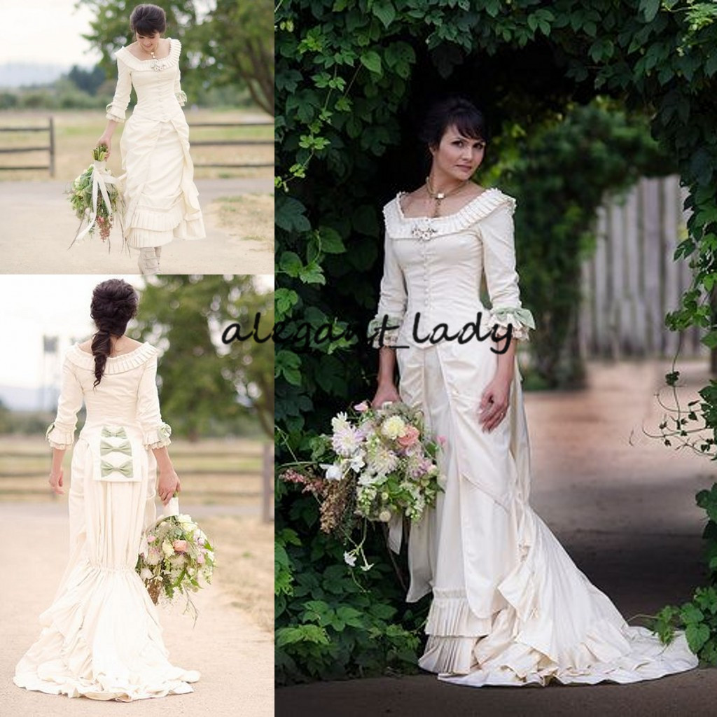 Vintage Ivory Gothic Wedding Dresses with Sleeves 2023 Ruffles Square Neck Victorian Mansion Venue Country Bride Gowns Cheap