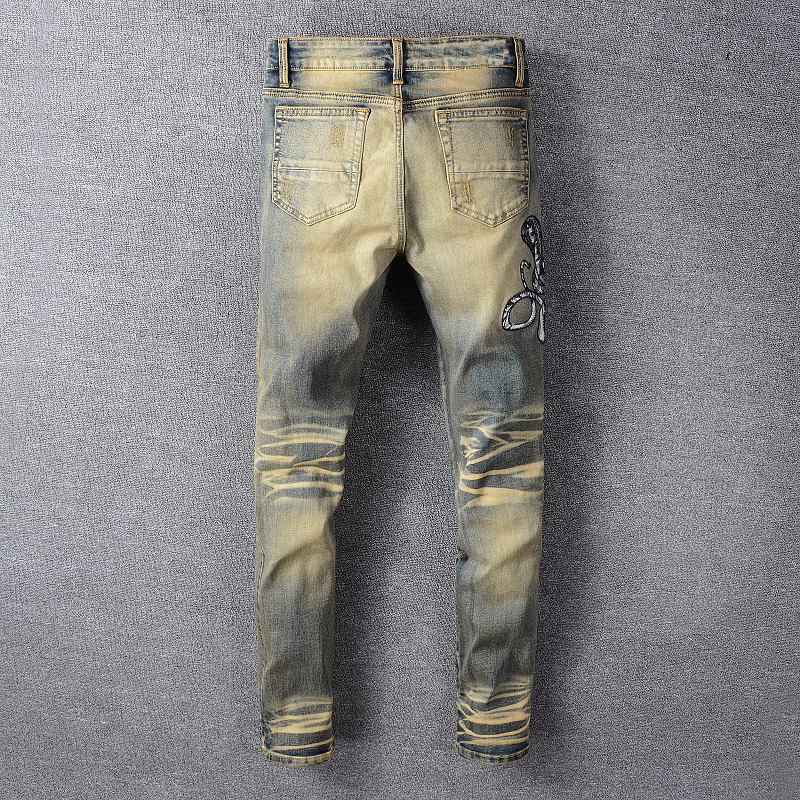 Sokotoo Men's snake embroidered retro denim jeans Slim skinny holes PU leather patchwork stretch pants MX200814