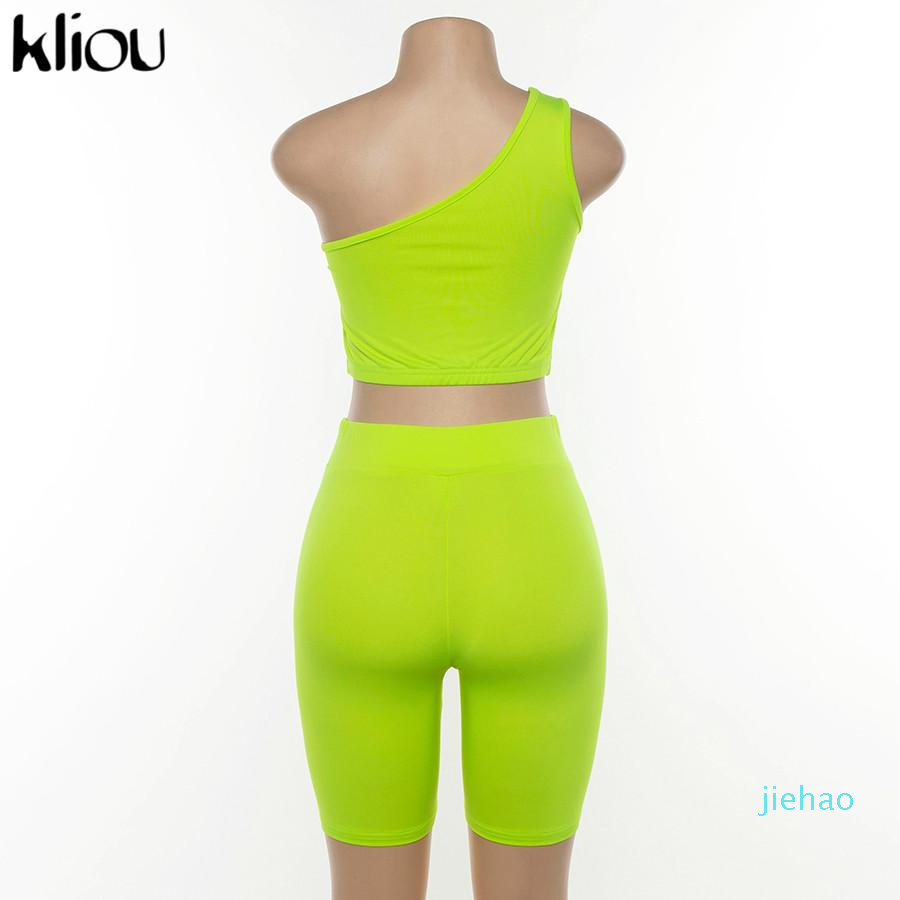 Fashion- summer women neon color two pieces set off shoulder hollow out crop top elastic high waist shorts outfit tracksuit sportsuit S M L