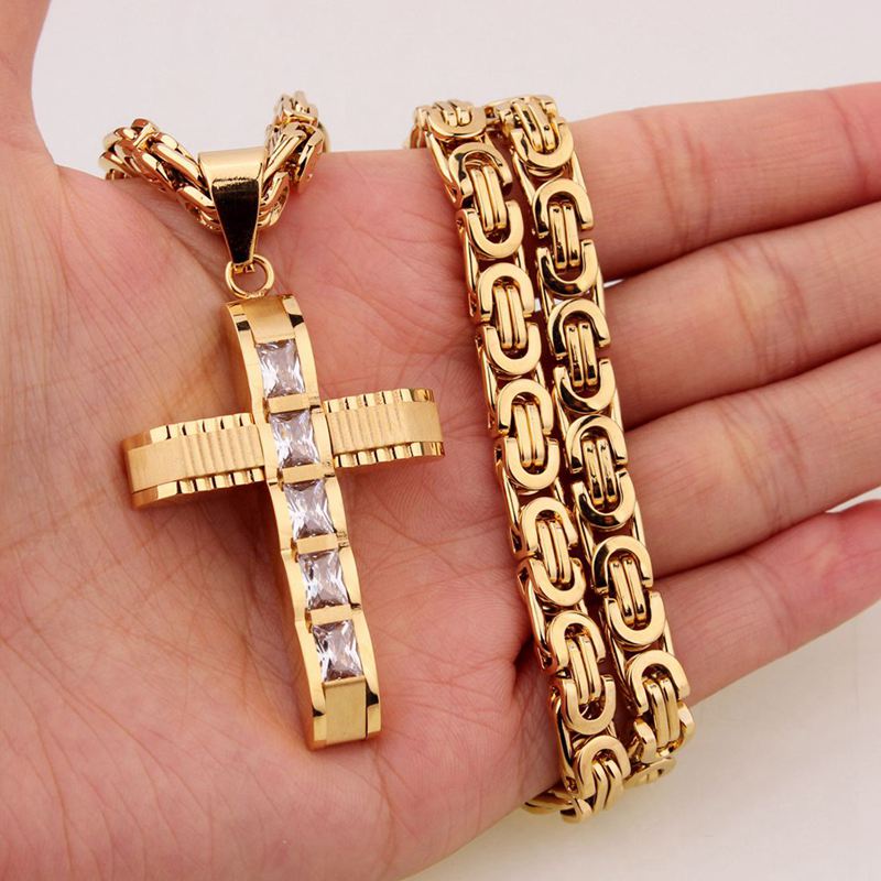 Mens Stainless Steel Gold Cross Zircon Pendant Necklace Flat Chain Tone 6mm 22inch