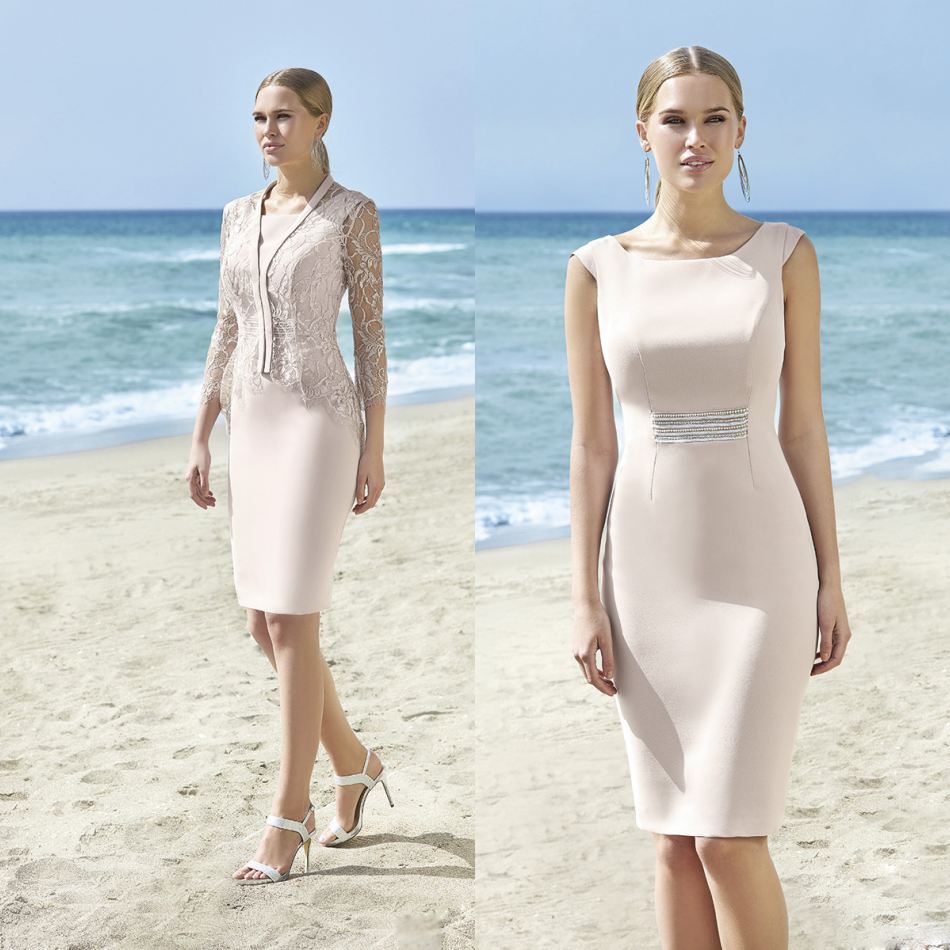 Elegant 2021 Mother Of Bride Dress With Jacket Ruched Satin Lace Beads Knee-length Formal Mothers Gown Special Occasion Mothers Garment