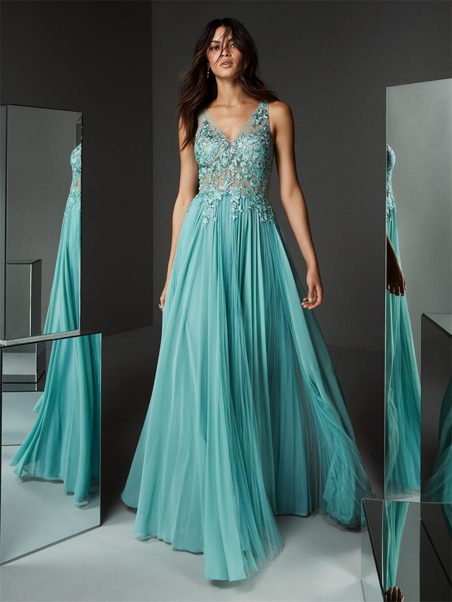 Elegant V Neck Evening Dresses Button Back Prom Dress Floor Length Blue Tulle Custom Made Formal Party Gowns