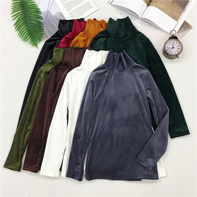 New Spring Women Turtleneck T Shirt Tees Warm Thick Velvet T-Shirts Female Bottoming Long Sleeve Shirt Tops