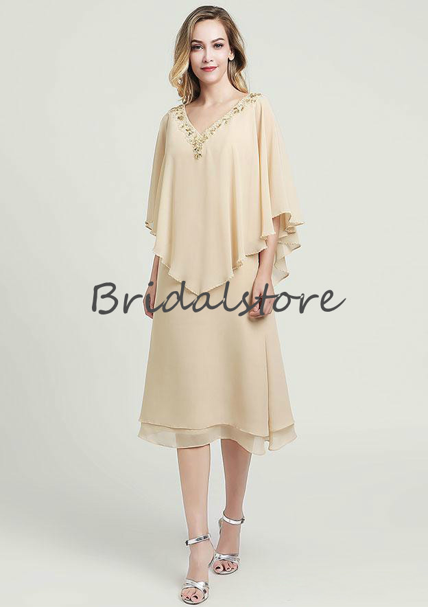 Best Champagne Mother Of The Bride Dresses With Caped Sexy V Neck Beaded Tea Length Chiffon Short Mom Formal Party Skirts 2020 Cheap