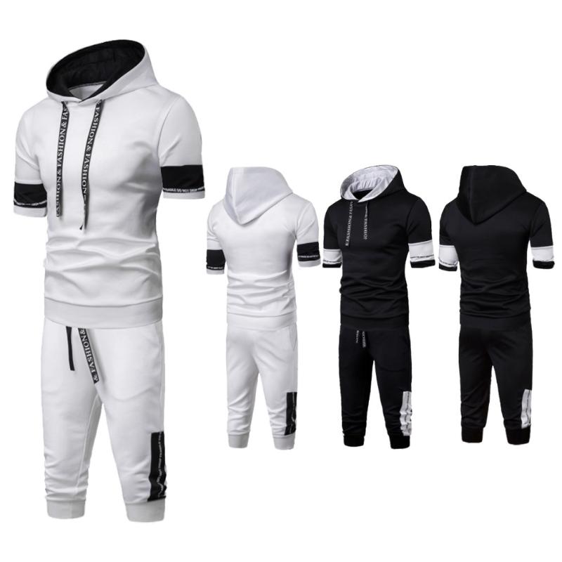 Casual men's suit summer new suit Comfortable short-sleeved pants stitching hooded men's T605, Bk
Casual men's suit summer new suit Comfortable short-sleeved pants stitching hooded men's T605, Bk