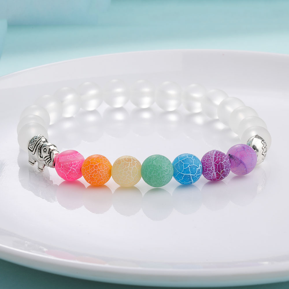 Men Women Elephant Charms 7 Chakra Bracelet Clear White Agate Colorful Wind Fossils Bead Bracelet Jewelry