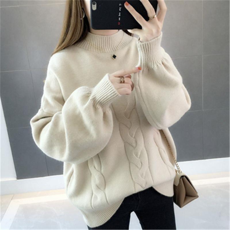 Korean Winter Women Sweater Half Turtleneck Lantern Sleeve Knit Pullover Loose Plus Size 5XL Fashion Jumper Tops 2020 Pull Z2697