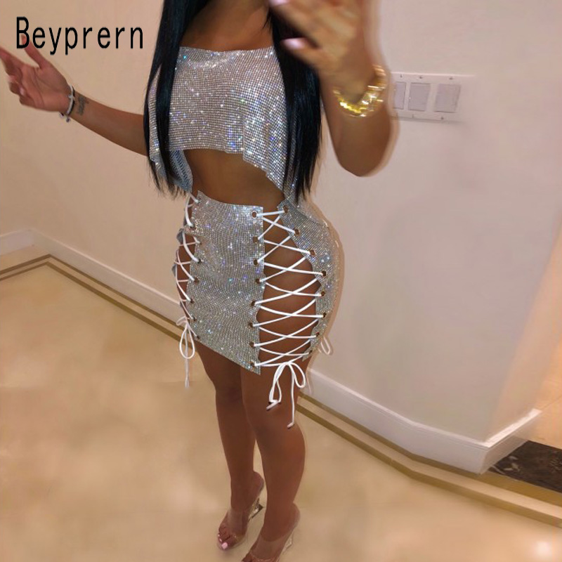 Two Piece Dress Beyprern Seductive Festival Celebrities Metal Crystal Diamonds Skirt Set Shiny Bandage Lace Up Sequins Mini, Gold
Two Piece Dress Beyprern Seductive Festival Celebrities Metal Crystal Diamonds Skirt Set Shiny Bandage Lace Up Sequins Mini, Gold