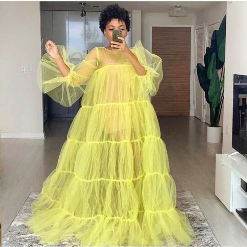 See Through Bright Yellow Evening Dresses Full Sleeve Cheap Prom Dress Tulle Dubai Afrabic Formal Party Wear vestido de festa