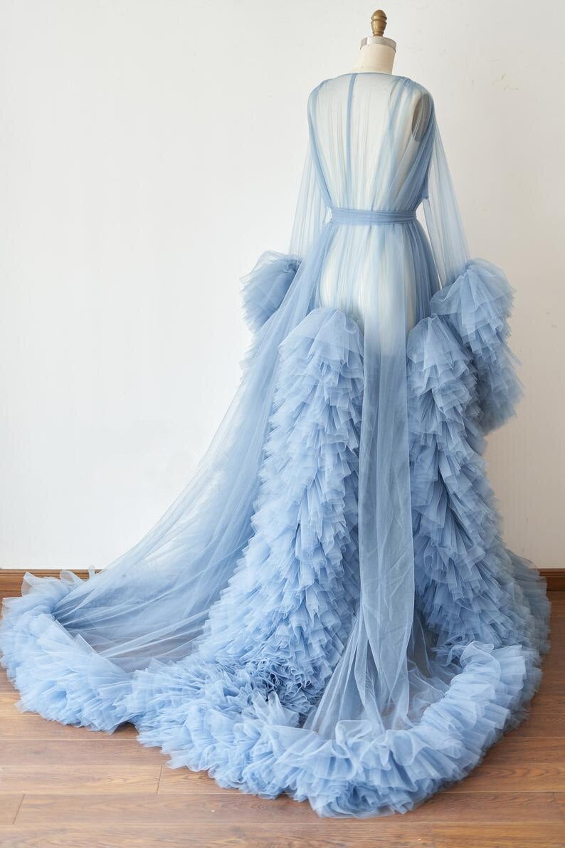 sexy wedding robes long sleeves tulle see through night gown for women ruched tiered sweep train sleepwear