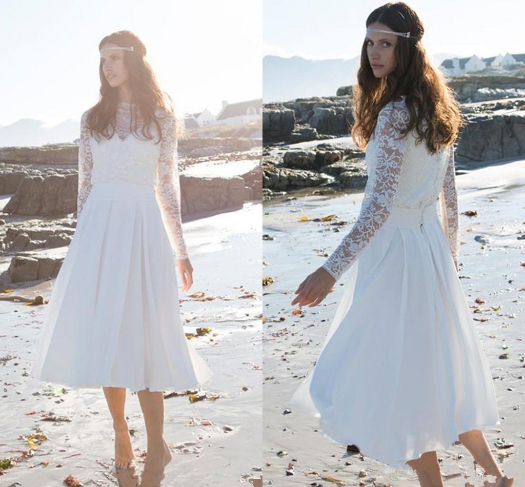 Vintage Tea-length Boho Wedding Dresses with Long Sleeve 2021 High Neck Full Lace Chiffon Little White Dress Beach Bride Gowns