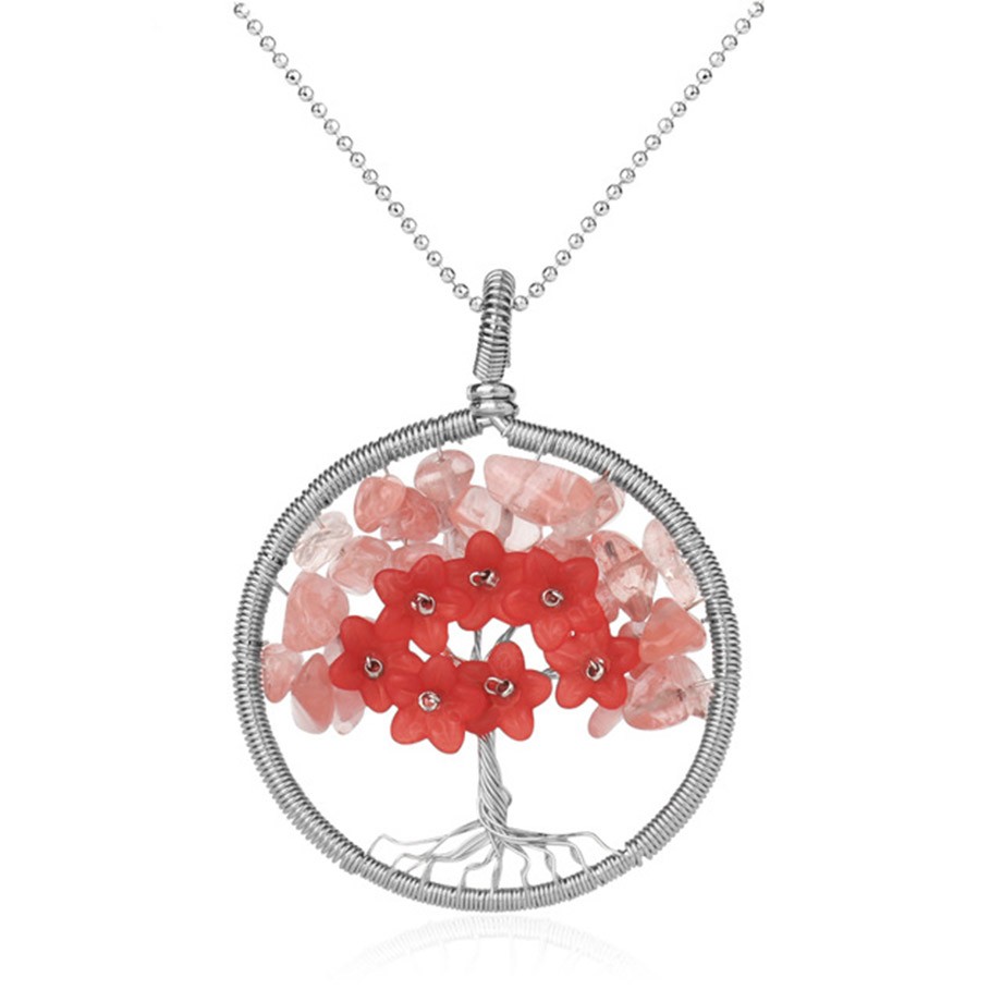 Tree of Life Pendant Necklace Natural Stone Silver Color Wire Wrap Quartz Crystal Chip Bead Flower Reiki Jewelry Women