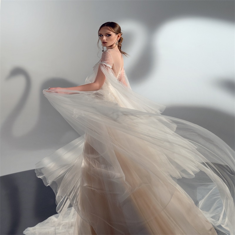 2025 Newest Papilio A-line Gorgeous Wedding Dresses Illusion Long Sleeves Appliqued Ruched Tulle Bridal Gown Church Vestido de novia