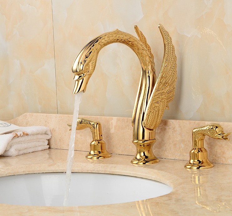 Soild Copper Gold Finish Bathroom Faucet Golden Swan Shape Basin Tap Dual Handle Deck Mount