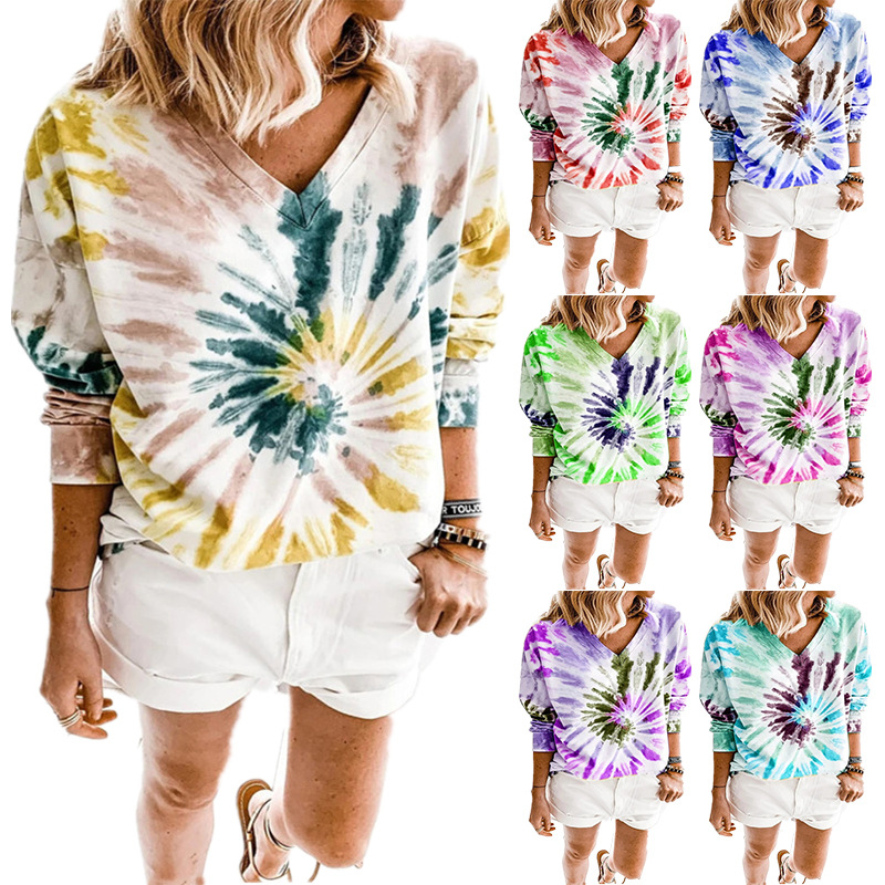 T-Shirt autumn winter European and American style women's V-neck tie-dye printing long-sleeved loose top
T-Shirt autumn winter European and American style women's V-neck tie-dye printing long-sleeved loose top