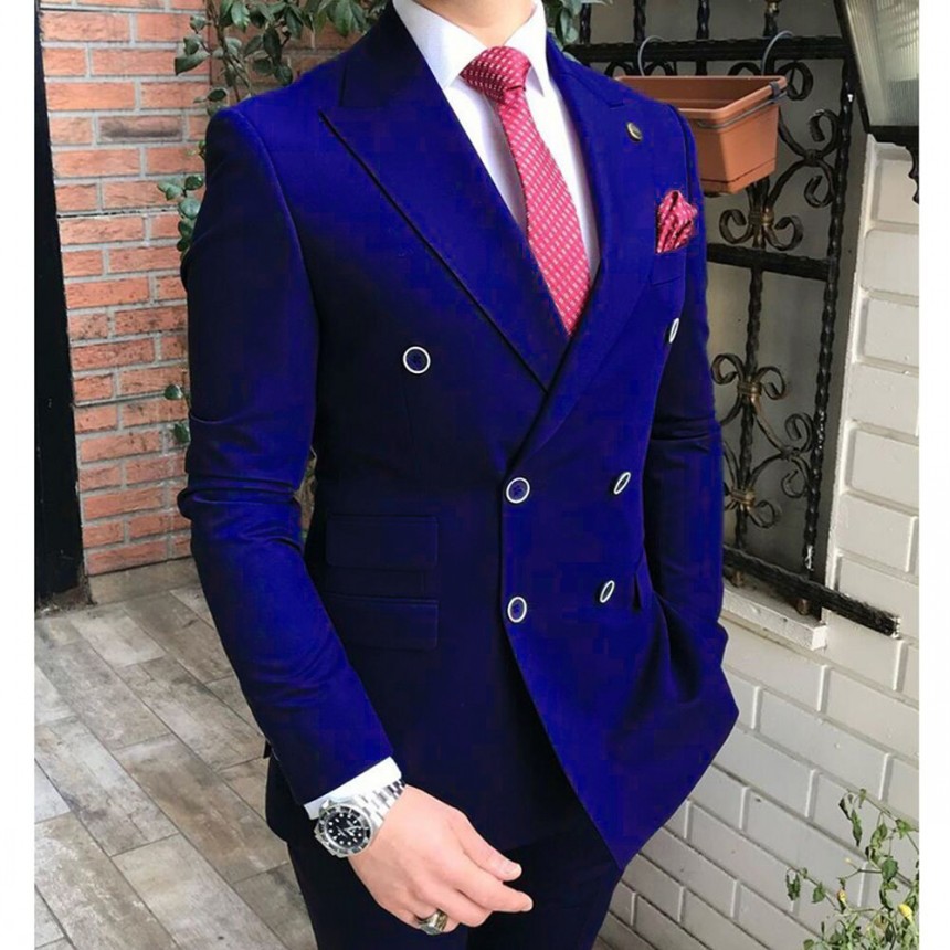 Double Breasted Men Suits Royal Blue Groom Tuxedos Peak Lapel Groomsmen Wedding/Prom Best Man 2 Pieces ( Jacket + Pants +Tie ) L575