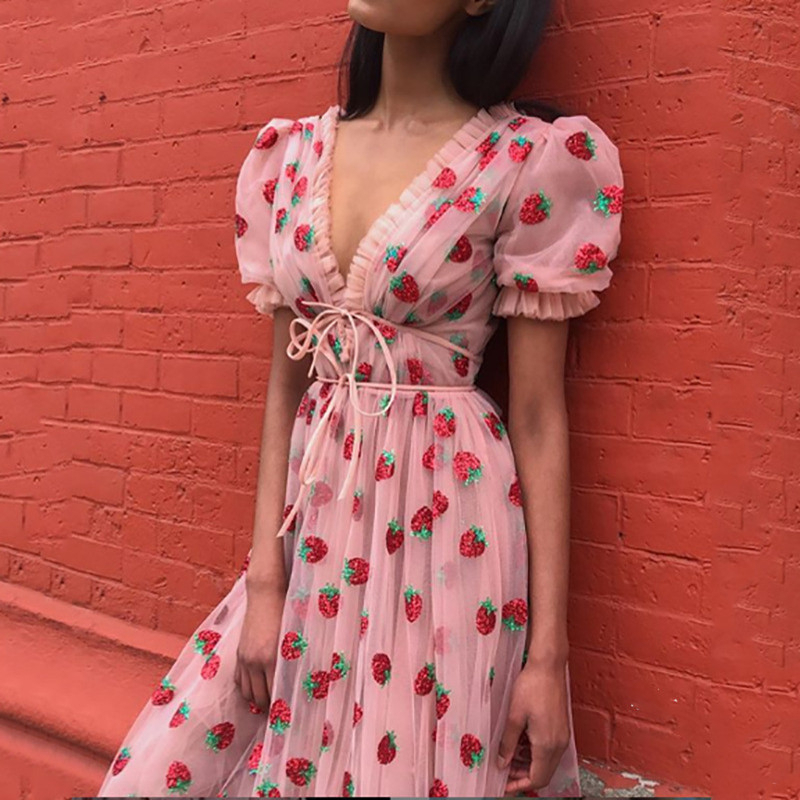 Women's Strawberry Dress Sweet Mesh Vestidos Autumn 2020 Sexy V Neck Puff Sleeve Dress Pleated Patchwork Lace Up Party Dresses T200827