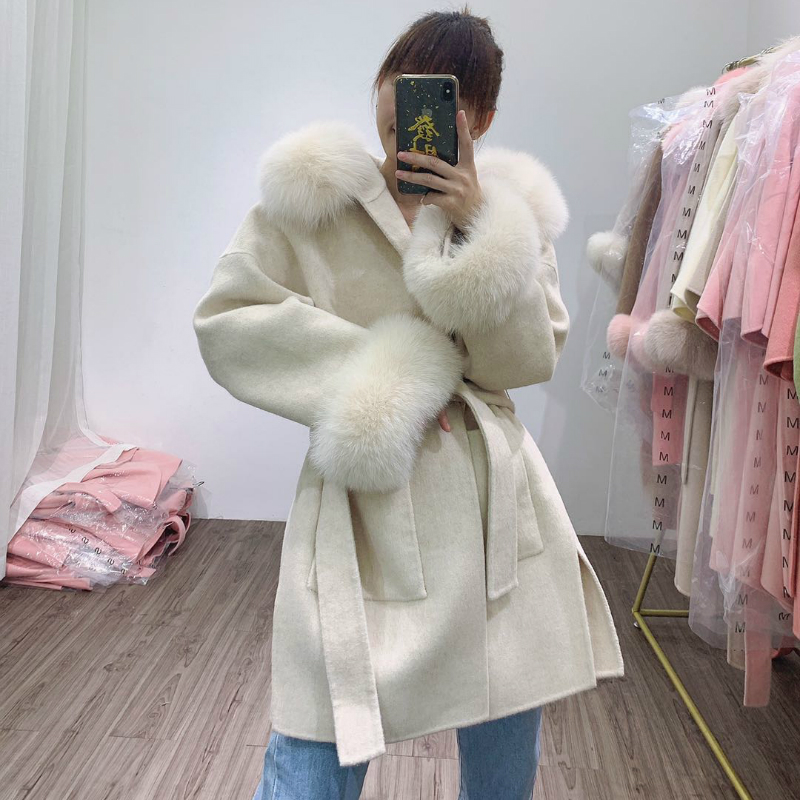 OFTBUY Real Fur Coat Winter Jacket Women Natural Fox Fur Collar Pocket Cuffs Hood Cashmere Wool Woolen Oversize Ladies Outerwear