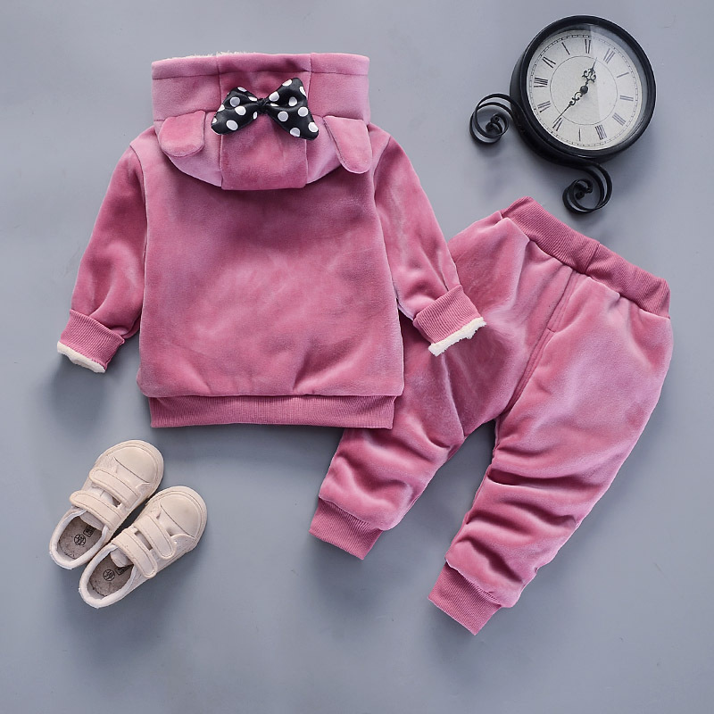 Mouse Girls Clothing Sets Winter Keep Warm Plus Velvet Thickening Bear Boy Clothing Set Hooded Zipper Jacket And Pants Kids Suit