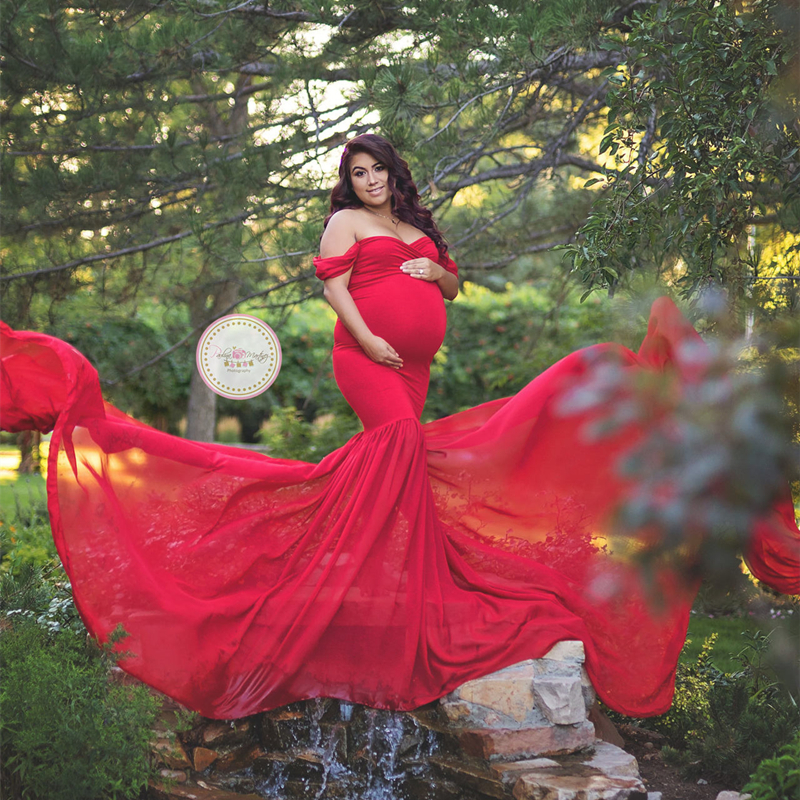 Photography Prop Dress Chiffon Baby Shower With Long Train Maternity Photot Shooting Dresses Stretchy