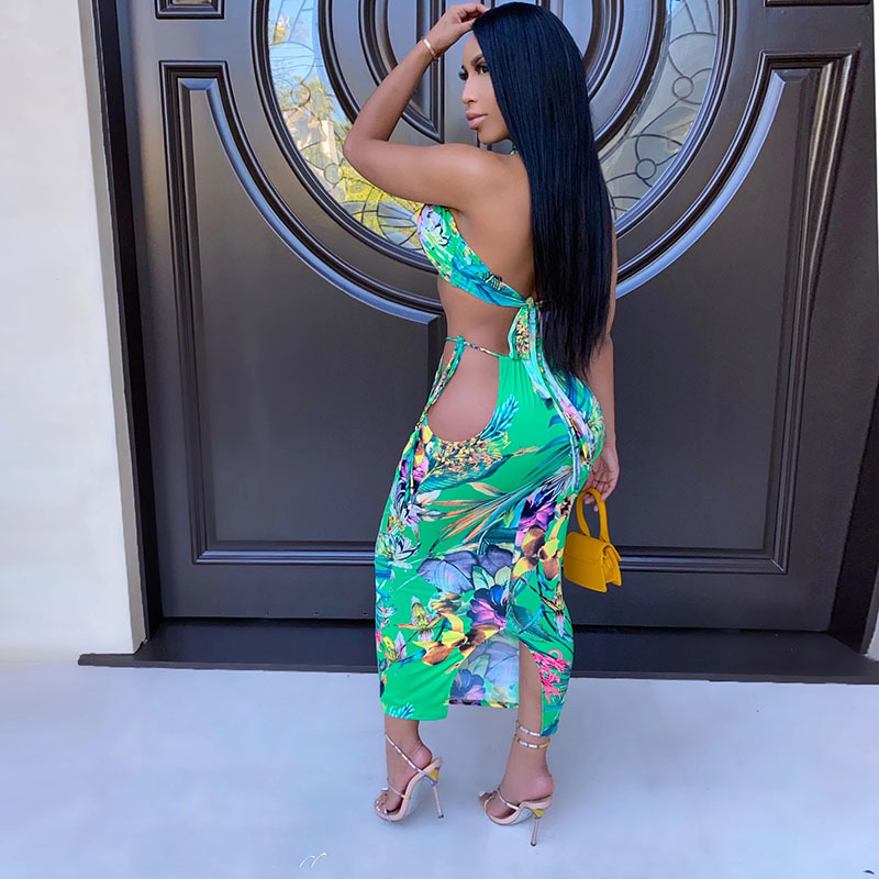 Beyprern Tropical Tied Skirt Set (Green) Womens Halter Neck Floral Crop Top And Maxi Skirt Set Two Pieces Outfits Beach Suits T200903