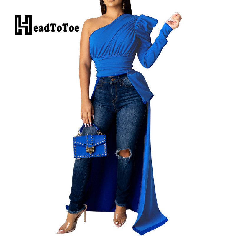 Solid One Shoulder Dip Hem Blouse Women Long Sleeve Skew Collar Asymmetrical Casual Blouses Tops